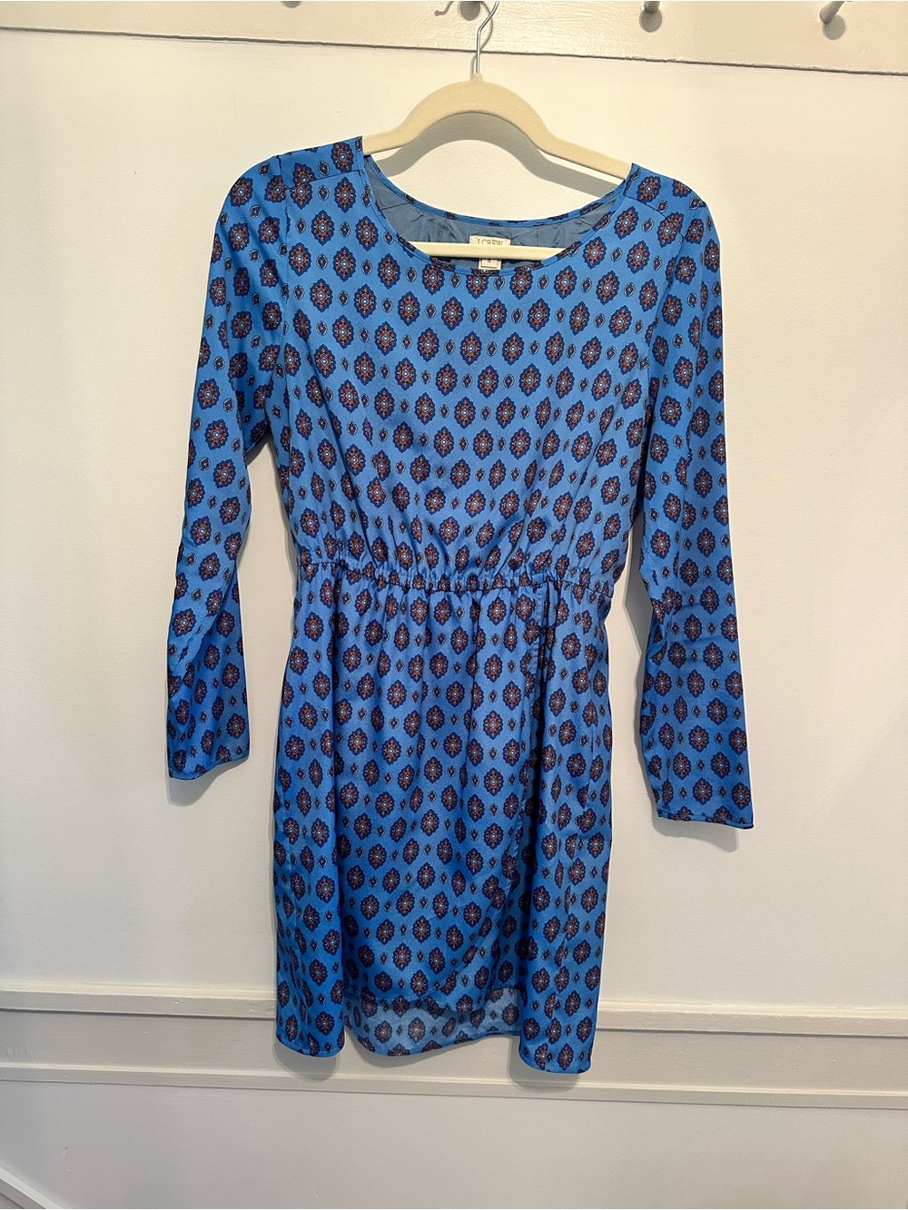 J Crew Blue Printed Long-Sleeve Elastic-Waist Dress size 4